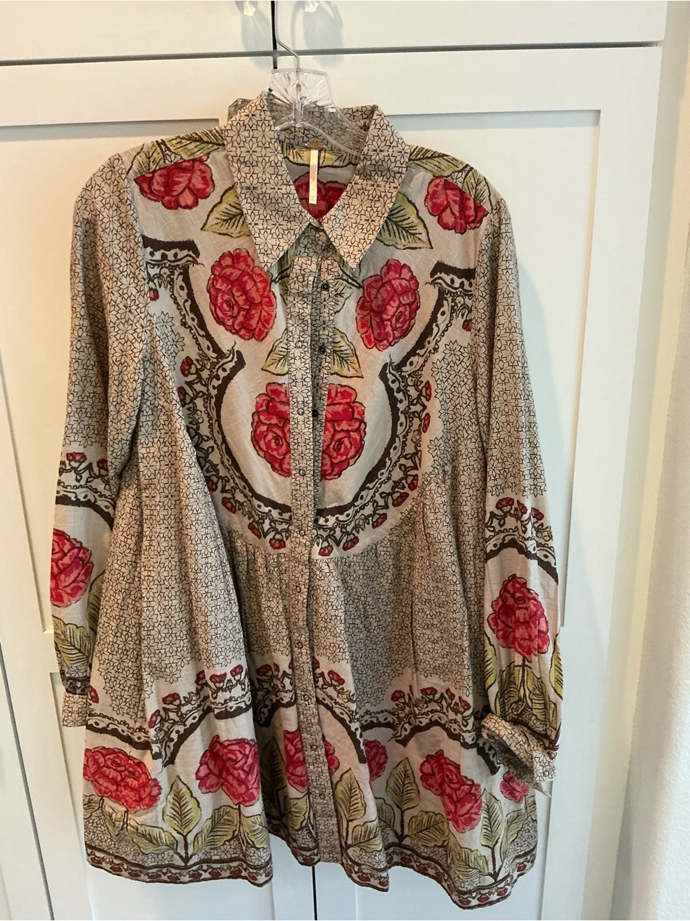 Free People Beige Trench Coat with Pink Rose Border Print